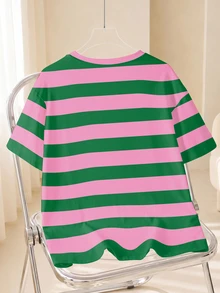 TOM & JERRY X SHEIN Plus Size Contrast Striped & Cartoon Letter Graphic Tee - White - View 2