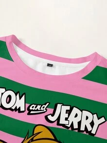 TOM & JERRY X SHEIN Plus Size Contrast Striped & Cartoon Letter Graphic Tee - White - View 4