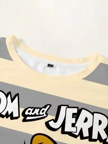 TOM & JERRY X SHEIN Plus Size Contrast Striped Cartoon & Letter Graphic Tee - White - View 4