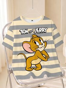 TOM & JERRY X SHEIN Plus Size Contrast Striped Cartoon & Letter Graphic Tee - White - View 1