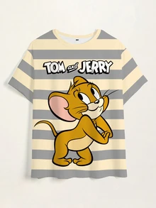 TOM & JERRY X SHEIN Plus Size Contrast Striped Cartoon & Letter Graphic Tee - White - View 3