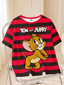 TOM & JERRY X SHEIN Plus Striped Cartoon & Slogan Graphic Tee - White - View 1