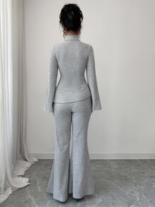 Elenzga Women's Gray Winter Elegant Brunch Ribbed Knit Fleeced Two Pieces Set,High Neck Asymmetrical Metal Decor Flare Sleeve Top & Flare Pants,Daily Wear - Grey - View 2