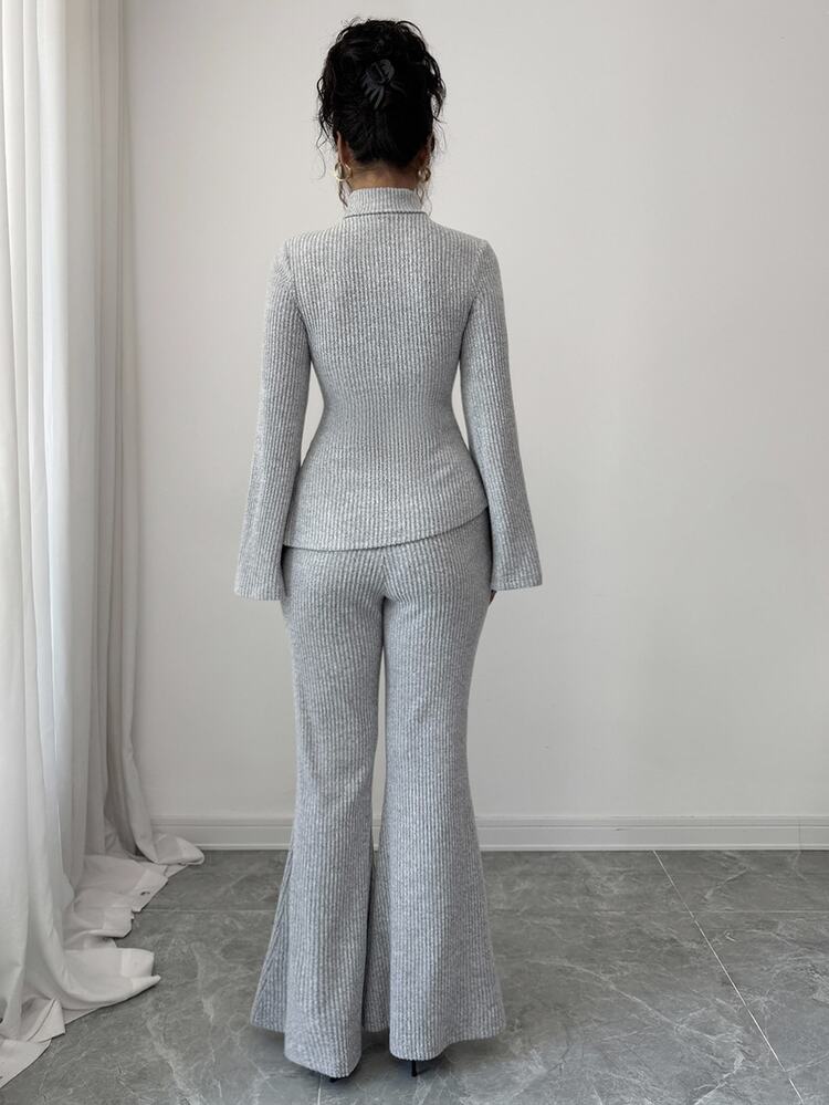 Elenzga Women's Gray Winter Elegant Brunch Ribbed Knit Fleeced Two Pieces Set,High Neck Asymmetrical Metal Decor Flare Sleeve Top & Flare Pants,Daily Wear - Grey - View 2