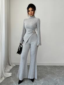 Elenzga Women's Gray Winter Elegant Brunch Ribbed Knit Fleeced Two Pieces Set,High Neck Asymmetrical Metal Decor Flare Sleeve Top & Flare Pants,Daily Wear - Grey - View 6
