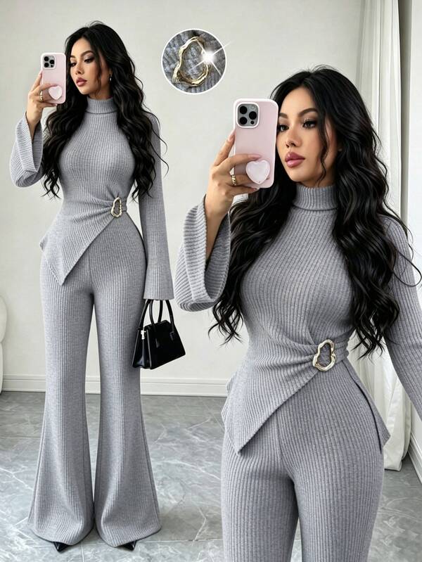 Elenzga Women's Gray Winter Elegant Brunch Ribbed Knit Fleeced Two Pieces Set,High Neck Asymmetrical Metal Decor Flare Sleeve Top & Flare Pants,Daily Wear