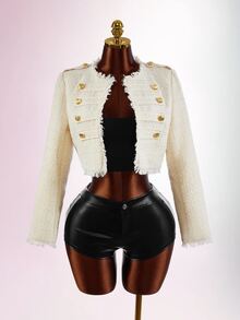 Amplova Women's Fashion Elegant French Double-Breasted Cropped Jacket Dinner Office High Tea Night Party Soft Fall Cream White - Apricot - View 4