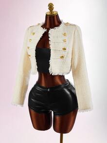 Amplova Women's Fashion Elegant French Double-Breasted Cropped Jacket Dinner Office High Tea Night Party Soft Fall Cream White - Apricot - View 6