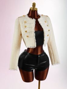 Amplova Women's Fashion Elegant French Double-Breasted Cropped Jacket Dinner Office High Tea Night Party Soft Fall Cream White - Apricot - View 7