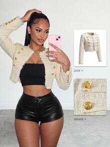 Amplova Women's Fashion Elegant French Double-Breasted Cropped Jacket Dinner Office High Tea Night Party Soft Fall Cream White - Apricot - View 2