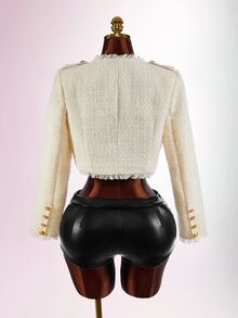 Amplova Women's Fashion Elegant French Double-Breasted Cropped Jacket Dinner Office High Tea Night Party Soft Fall Cream White - Apricot - View 9