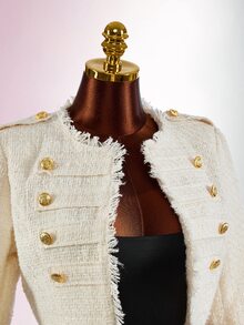Amplova Women's Fashion Elegant French Double-Breasted Cropped Jacket Dinner Office High Tea Night Party Soft Fall Cream White - Apricot - View 8