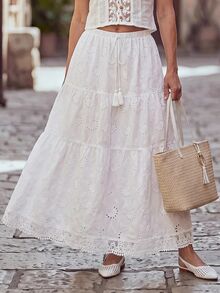 Hansera Women Skirts Picnic Vacation White Boho Romantic Cottage Garden Party Brunch Summer - White - View 6