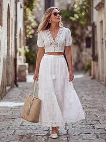 Hansera Women Skirts Picnic Vacation White Boho Romantic Cottage Garden Party Brunch Summer - White - View 2