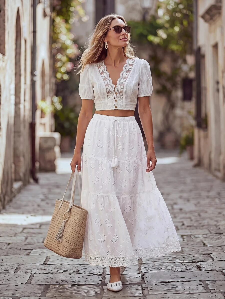 Hansera Women Skirts Picnic Vacation White Boho Romantic Cottage Garden Party Brunch Summer