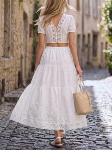 Hansera Women Skirts Picnic Vacation White Boho Romantic Cottage Garden Party Brunch Summer - White - View 4