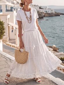 Hansera Women Skirts Picnic Vacation White Boho Romantic Cottage Garden Party Brunch Summer - White - View 8