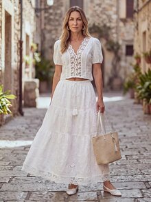 Hansera Women Skirts Picnic Vacation White Boho Romantic Cottage Garden Party Brunch Summer - White - View 5