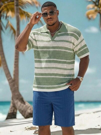Naviga Onda Maglietta casual da uomo taglie forti, a righe verdi, con colletto polo, maniche corte, in maglia, traspirante, semi-trasparente, leggera, per l'estate, vacanze e spiaggia