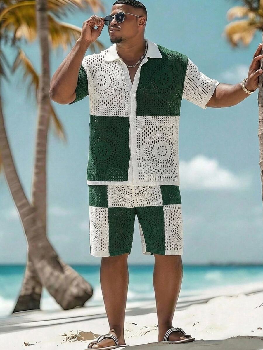 Naviga Onda Men's Plus Size Colorblock Hollow Single-Breasted Knit Top Vacation Green And White Summer Casual Active Holiday Beach Vacation Hawaii Tropical - Dark Green - View 1