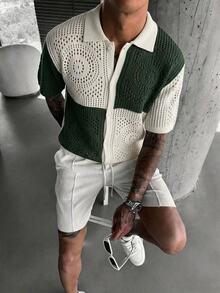 Naviga Onda Men's Plus Size Colorblock Hollow Single-Breasted Knit Top Vacation Green And White Summer Casual Active Holiday Beach Vacation Hawaii Tropical - Dark Green - View 2