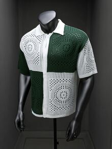 Naviga Onda Men's Plus Size Colorblock Hollow Single-Breasted Knit Top Vacation Green And White Summer Casual Active Holiday Beach Vacation Hawaii Tropical - Dark Green - View 4