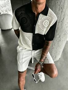 Naviga Onda Men's Plus Size Single-Breasted Hollow-Out Contrast Color Knit Top - Black and White - View 2