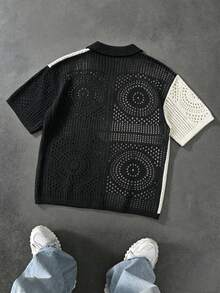 Naviga Onda Men's Plus Size Single-Breasted Hollow-Out Contrast Color Knit Top - Black and White - View 6