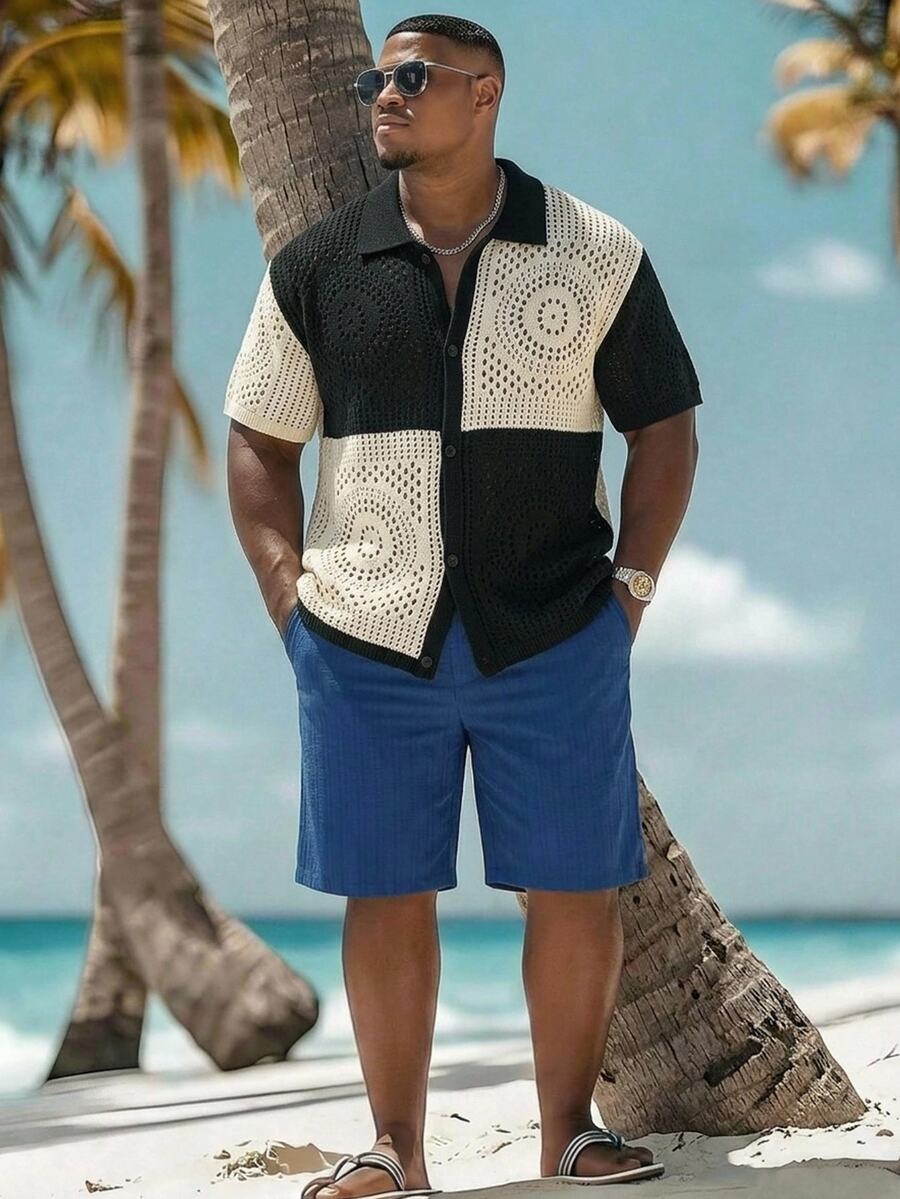 Naviga Onda Men's Plus Size Single-Breasted Hollow-Out Contrast Color Knit Top - Black and White - View 1