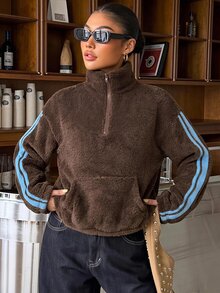 Muchica Women's High Collar Zipper Long Sleeve Pullover Sweatshirt,Long Sleeve Tops In Fall/Winter - Brown - View 1