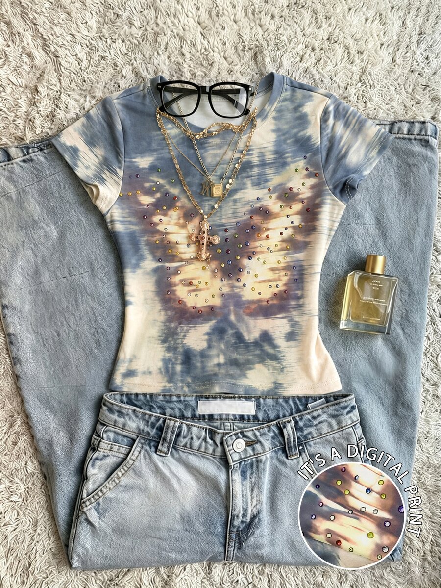 IslaSuriya Women's Colorful Rhinestone Decor Round Neck Short Sleeve T-Shirt - Multicolor - View 1