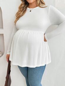 Plussiva Plus Size Maternity Solid Color Round Neck Long Sleeve Casual Soft Form Top Gender Reveal Summer Dates White - White - View 7