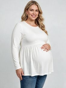 Plussiva Plus Size Maternity Solid Color Round Neck Long Sleeve Casual Soft Form Top Gender Reveal Summer Dates White - White - View 1