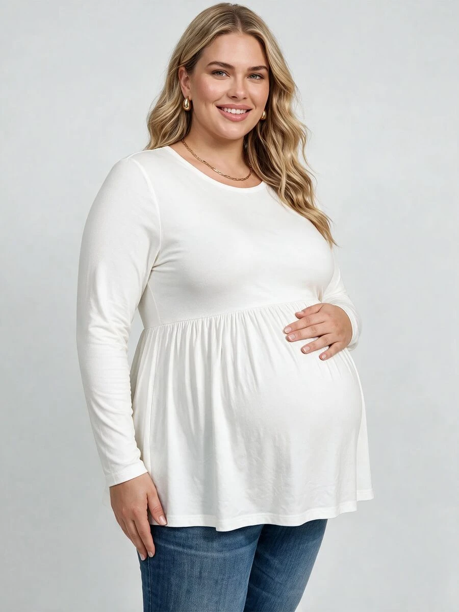 Plussiva Plus Size Maternity Solid Color Round Neck Long Sleeve Casual Soft Form Top Gender Reveal Summer Dates White - White - View 1