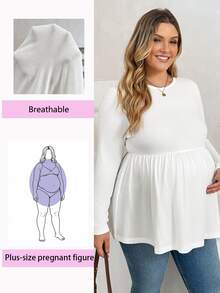 Plussiva Plus Size Maternity Solid Color Round Neck Long Sleeve Casual Soft Form Top Gender Reveal Summer Dates White - White - View 2