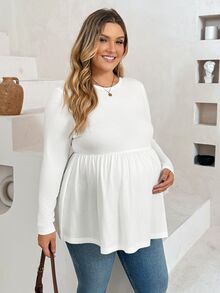 Plussiva Plus Size Maternity Solid Color Round Neck Long Sleeve Casual Soft Form Top Gender Reveal Summer Dates White - White - View 6