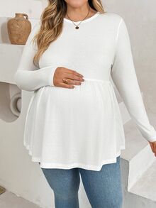 Plussiva Plus Size Maternity Solid Color Round Neck Long Sleeve Casual Soft Form Top Gender Reveal Summer Dates White - White - View 5