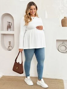 Plussiva Plus Size Maternity Solid Color Round Neck Long Sleeve Casual Soft Form Top Gender Reveal Summer Dates White - White - View 9