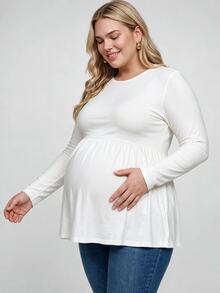 Plussiva Plus Size Maternity Solid Color Round Neck Long Sleeve Casual Soft Form Top Gender Reveal Summer Dates White - White - View 3