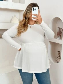 Plussiva Plus Size Maternity Solid Color Round Neck Long Sleeve Casual Soft Form Top Gender Reveal Summer Dates White - White - View 10