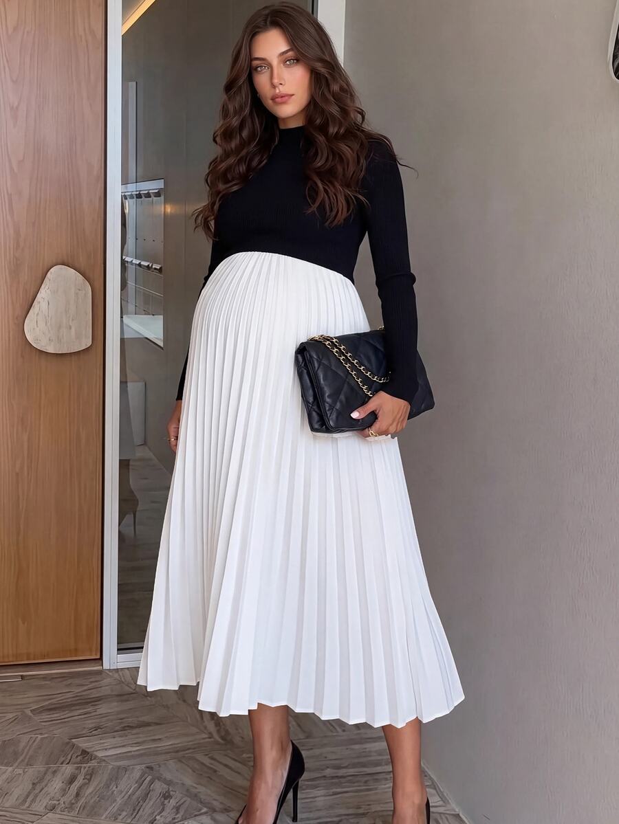 MaterniWear Elegant Black & White Color-Block Pleated Maternity Work Dress – Autumn - Black and White - View 1