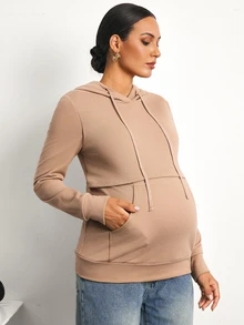 MaterniWear Sweatshirt Berkerudung Polos Kasual untuk Ibu Hamil, Musim Gugur/Musim Dingin - Unta - View 1