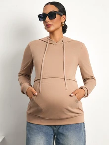 MaterniWear Sweatshirt Berkerudung Polos Kasual untuk Ibu Hamil, Musim Gugur/Musim Dingin - Unta - View 7