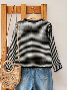 SHEIN LUNE CURVE Plus-Size French-Style Casual Cardigan Pairs Beautifully With A Charming Striped Top,Making It Suitable For Early Autumn Daily Wear,Workouts,Commuting - Black and White - View 2