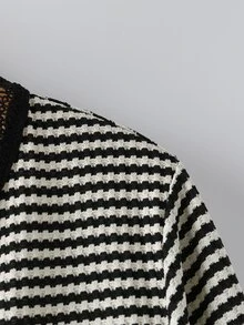 SHEIN LUNE CURVE Plus-Size French-Style Casual Cardigan Pairs Beautifully With A Charming Striped Top,Making It Suitable For Early Autumn Daily Wear,Workouts,Commuting - Black and White - View 4