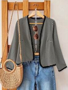 SHEIN LUNE CURVE Plus-Size French-Style Casual Cardigan Pairs Beautifully With A Charming Striped Top,Making It Suitable For Early Autumn Daily Wear,Workouts,Commuting - Black and White - View 8