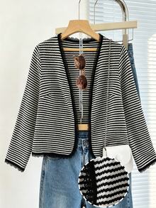 SHEIN LUNE CURVE Plus-Size French-Style Casual Cardigan Pairs Beautifully With A Charming Striped Top,Making It Suitable For Early Autumn Daily Wear,Workouts,Commuting - Black and White - View 6