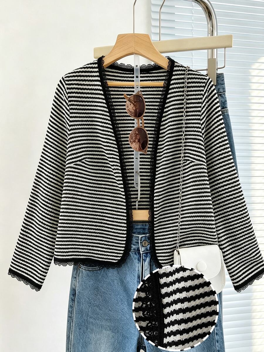 SHEIN LUNE CURVE Plus-Size French-Style Casual Cardigan Pairs Beautifully With A Charming Striped Top,Making It Suitable For Early Autumn Daily Wear,Workouts,Commuting - Black and White - View 1