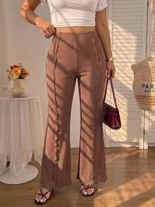 SHEIN MOD Black Versatile Split Structure High Waist Slim Fit Plus Size Flare Trousers Fall - Redwood - View 1