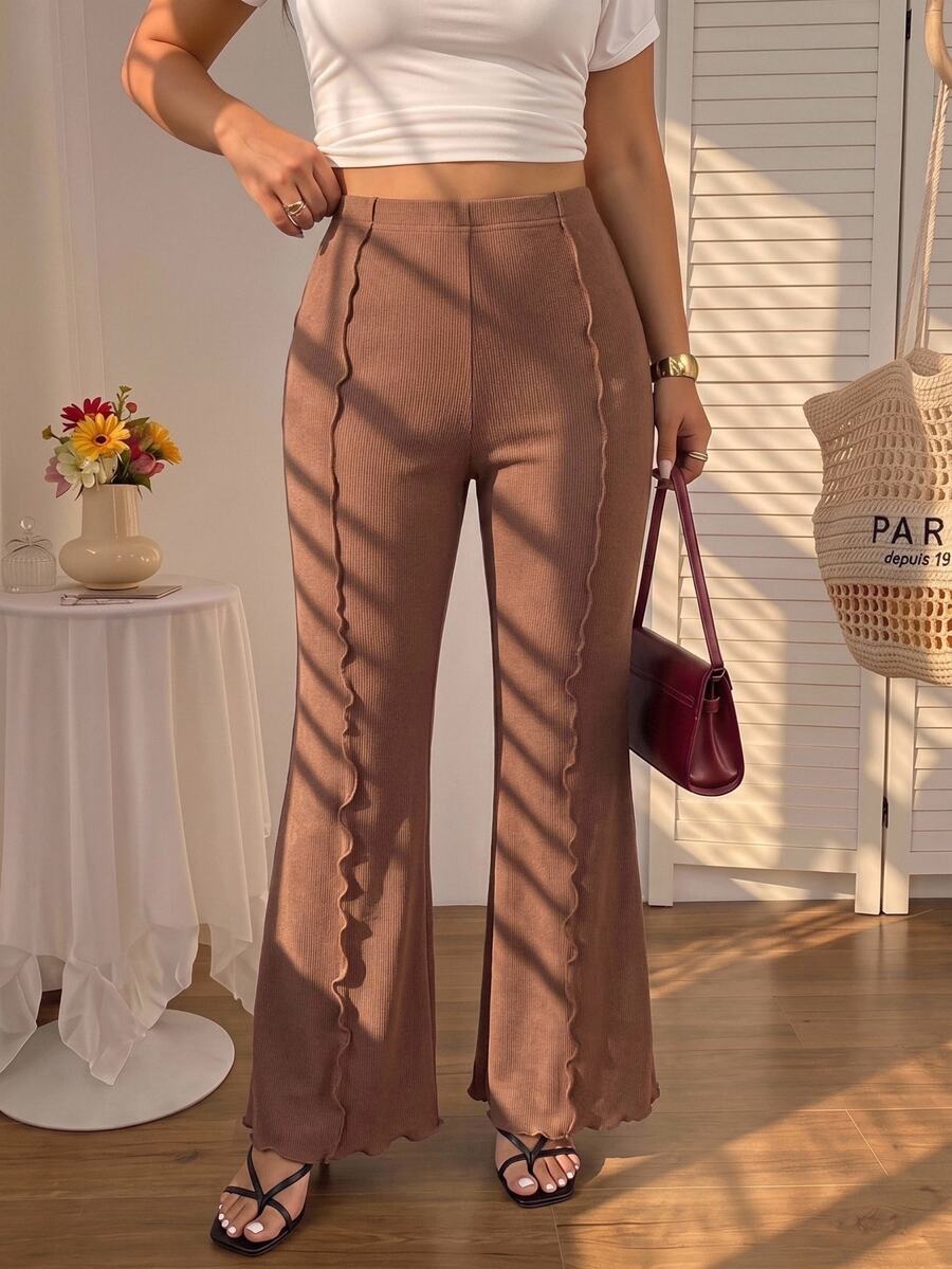 SHEIN MOD Black Versatile Split Structure High Waist Slim Fit Plus Size Flare Trousers Fall - Redwood - View 1